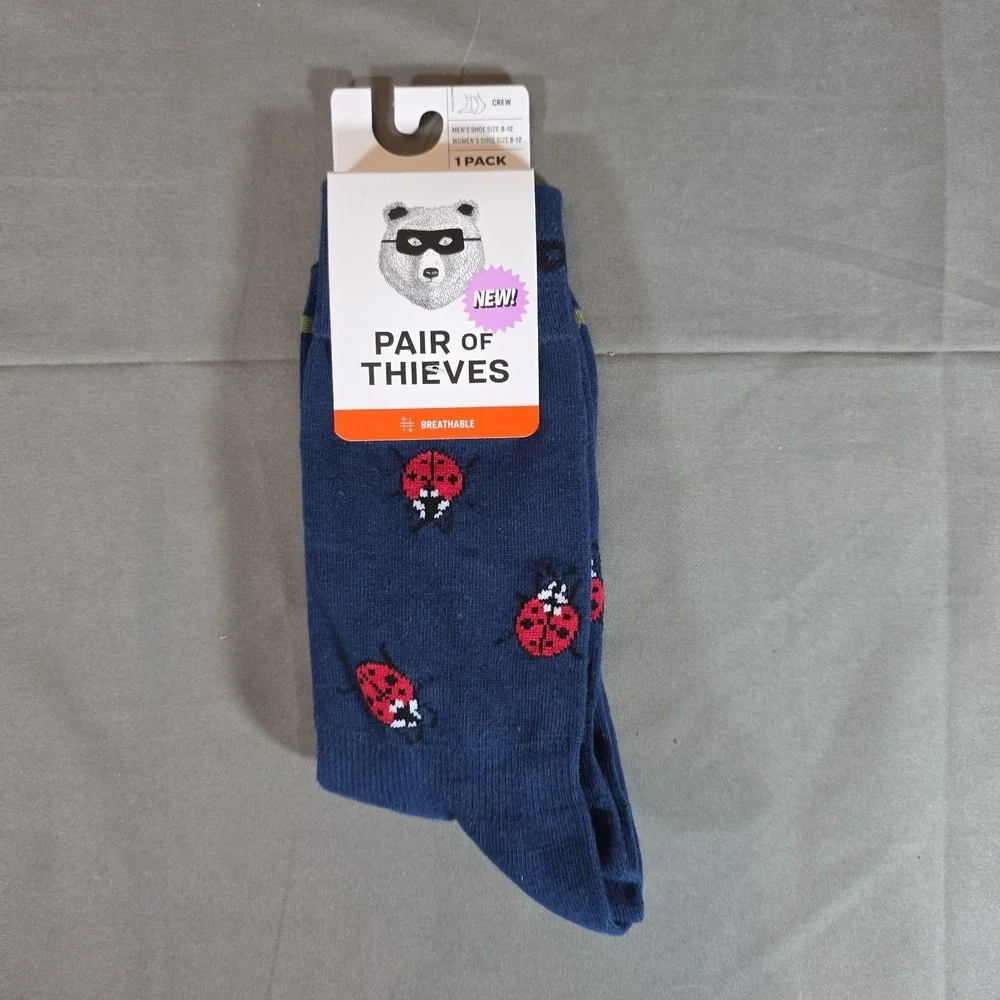 Pair of Thieves‎ Men's Crew Socks - Navy / Lady Bug print men 6-12 Women 8-12